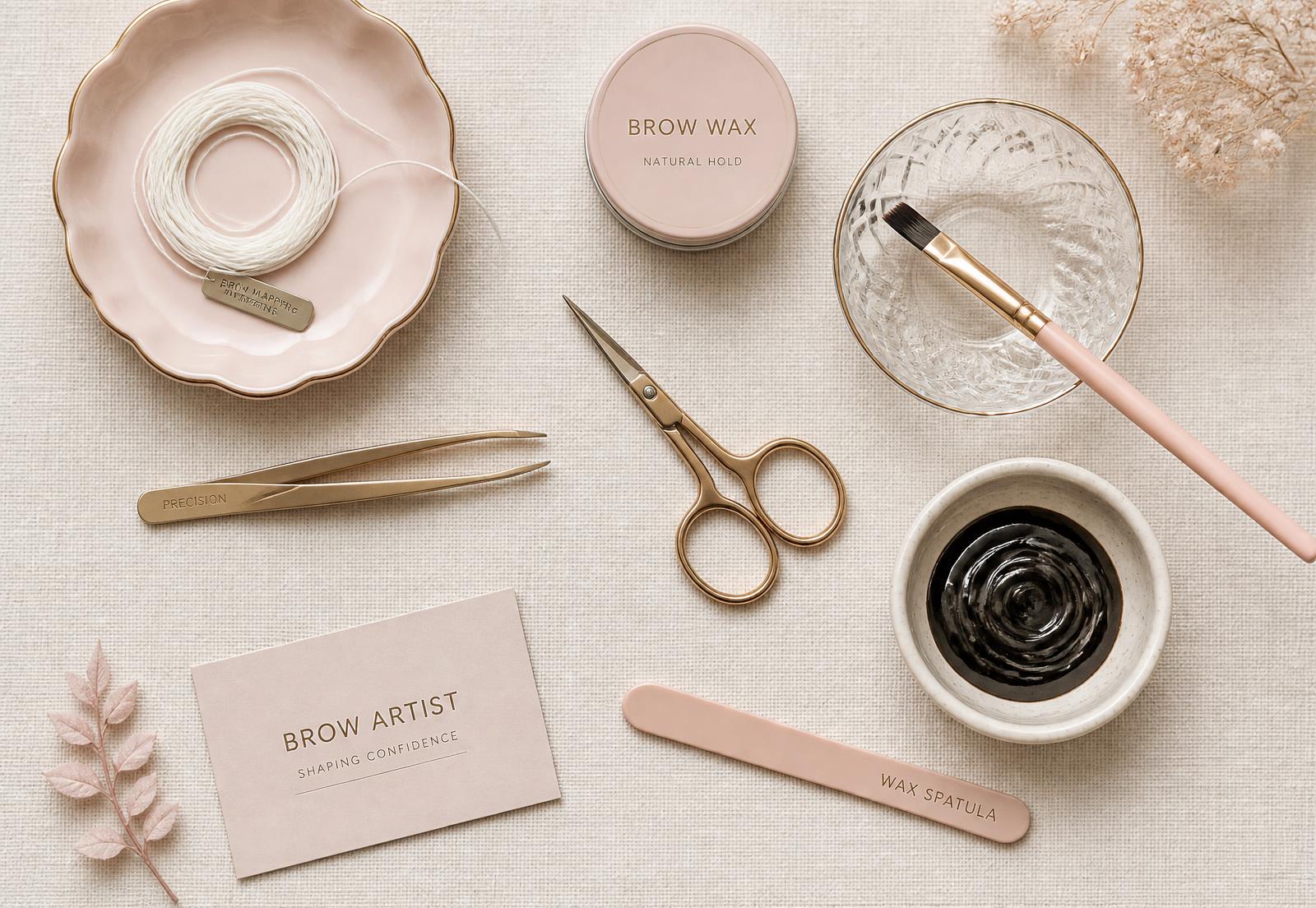 Brow artist tools flat lay with mapping string, tweezers and tint